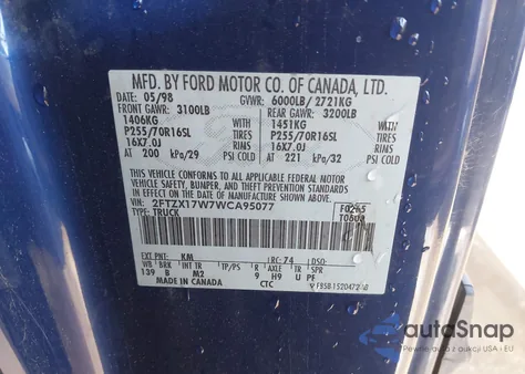 1998 Ford F-150 Lariat/Standard/Xl/Xlt z USA, uszkodzony, nr VIN 2FTZX17W7WCA95077